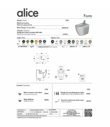 scheda tecnica bidet a terra della linea Form di Alice Ceramica