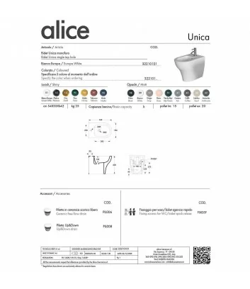 fiche tecnique bidet sur pied ligne Unica de Alice Ceramica