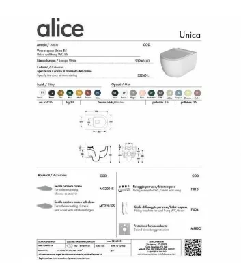 fiche tecnique toilet 55 sospendu ligne Unica de Alice Ceramica