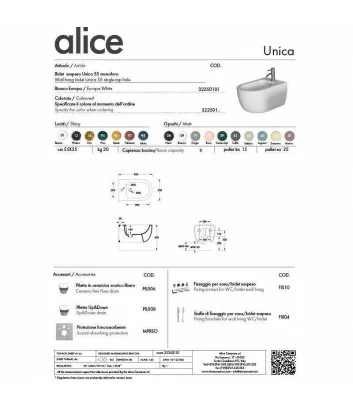 technical data sheet bidet wall-hung Unica line by Alice Ceramica