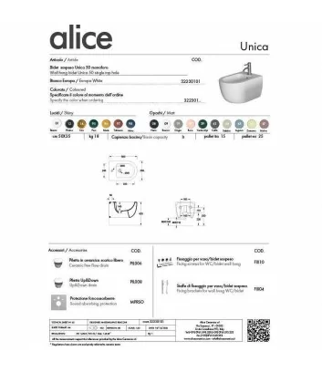 technical data sheet bidet wall-hung Unica series by Alice Ceramica