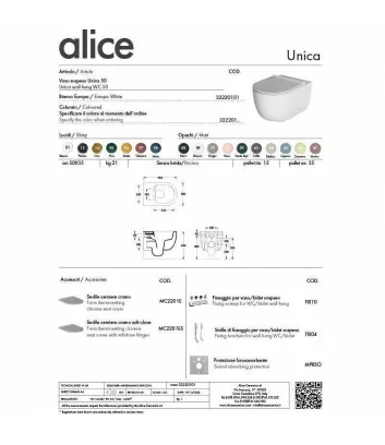 fiche tecnique toilet sospendu ligne Unica de Alice Ceramica