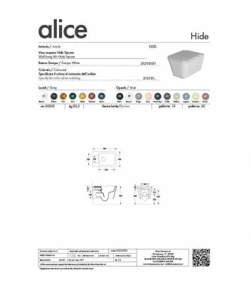 technical data sheet wc wall-hung Hide Square line by Alice Ceramica