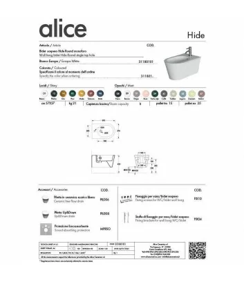 technical data sheet bidet wall-hung Hide Round series by Alice Ceramica