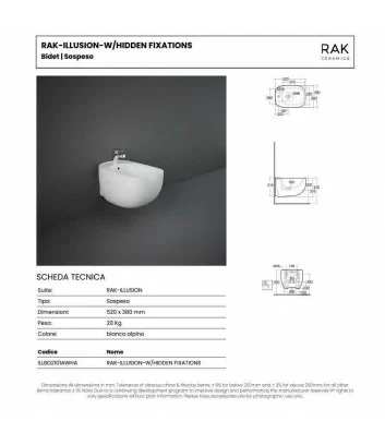 Scheda tecnica bidet sospeso serie Illusion di Rak Ceramics