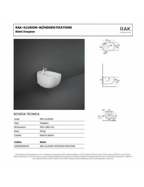 Scheda tecnica bidet sospeso serie Illusion di Rak Ceramics