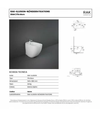 fiche tecnique bidet sur pied ligne Illusion de Rak Ceramics