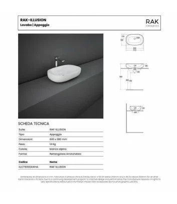 scheda tecnica lavabo d'appoggio 60x38 bianco linea Illusion di Rak Ceramics