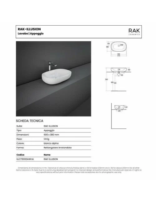 technical data sheet countertop washbasin Illusion line by Rak Ceramics