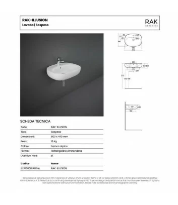 scheda tecnica lavabo sospeso bianco 60x44 linea Illusion di Rak Ceramics