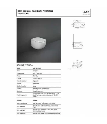 Scheda tecnica wc sospeso bianco della linea Illusion di Rak Ceramics