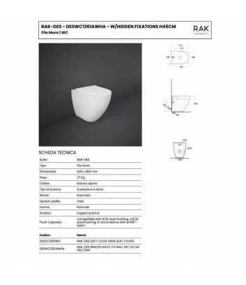 fiche tecnique wc sur pied blanc brillant ligne Des de Rak Ceramics