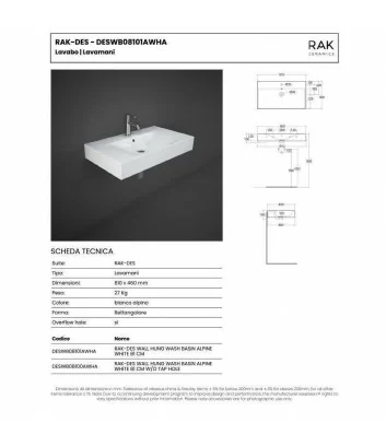 scheda tecnica Lavabo sospeso 810x460 linea Des di Rak Ceramics