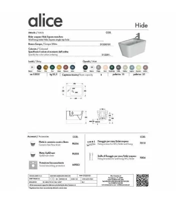 technical data sheet wall-hung bidet Hide Square series by Alice Ceramica