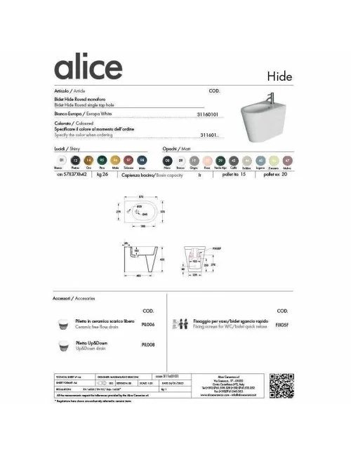 scheda tecnica bidet a terra della serie Hide Round di Alice Ceramica