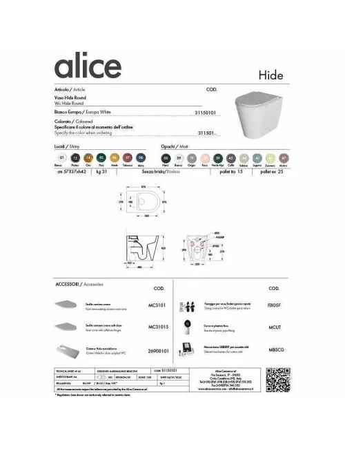 fiche tecnique wc sur pied ligne Hide Round de Alice Ceramica