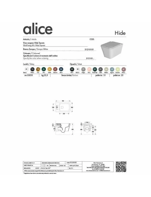 fiche tecnique wc sospendu ligne Hide Round de Alice Ceramica