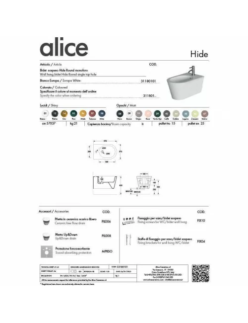fiche tecnique bidet sospendu noir mat ligne Hide Round de Alice Ceramica
