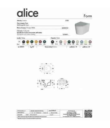 scheda tecnica wc sospeso linea Form di Alice Ceramica