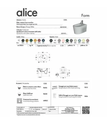 technical data sheet wall-hung bidet Form series by Alice Ceramica