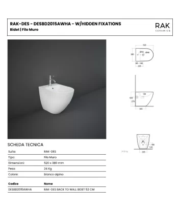 fiche tecnique Bidet sur pied en finition blanc brillant collection Des de Rak ceramics