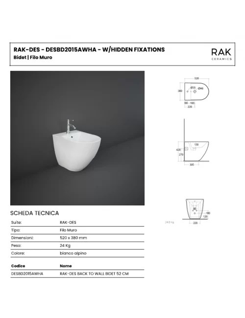 data sheet floor-standing bidet 52 cm Des collection by rak ceramiche