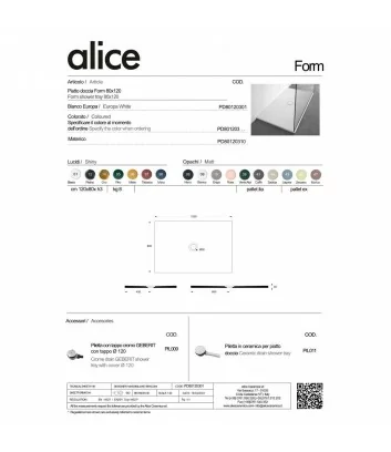 Scheda tecnica piatto doccia 80x120 linea Form di Alice Ceramica