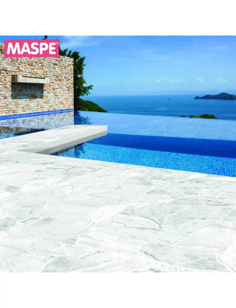 Pool edge with Santos White natural stone paving - Maspe