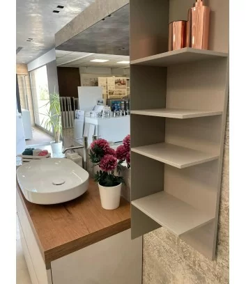 detail of open wall unit with shelves for bathroom