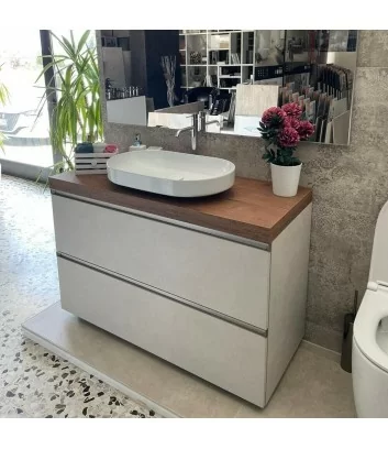 120 cm floor-standing bathroom cabinet with double drawer and wooden top, complete with mirror