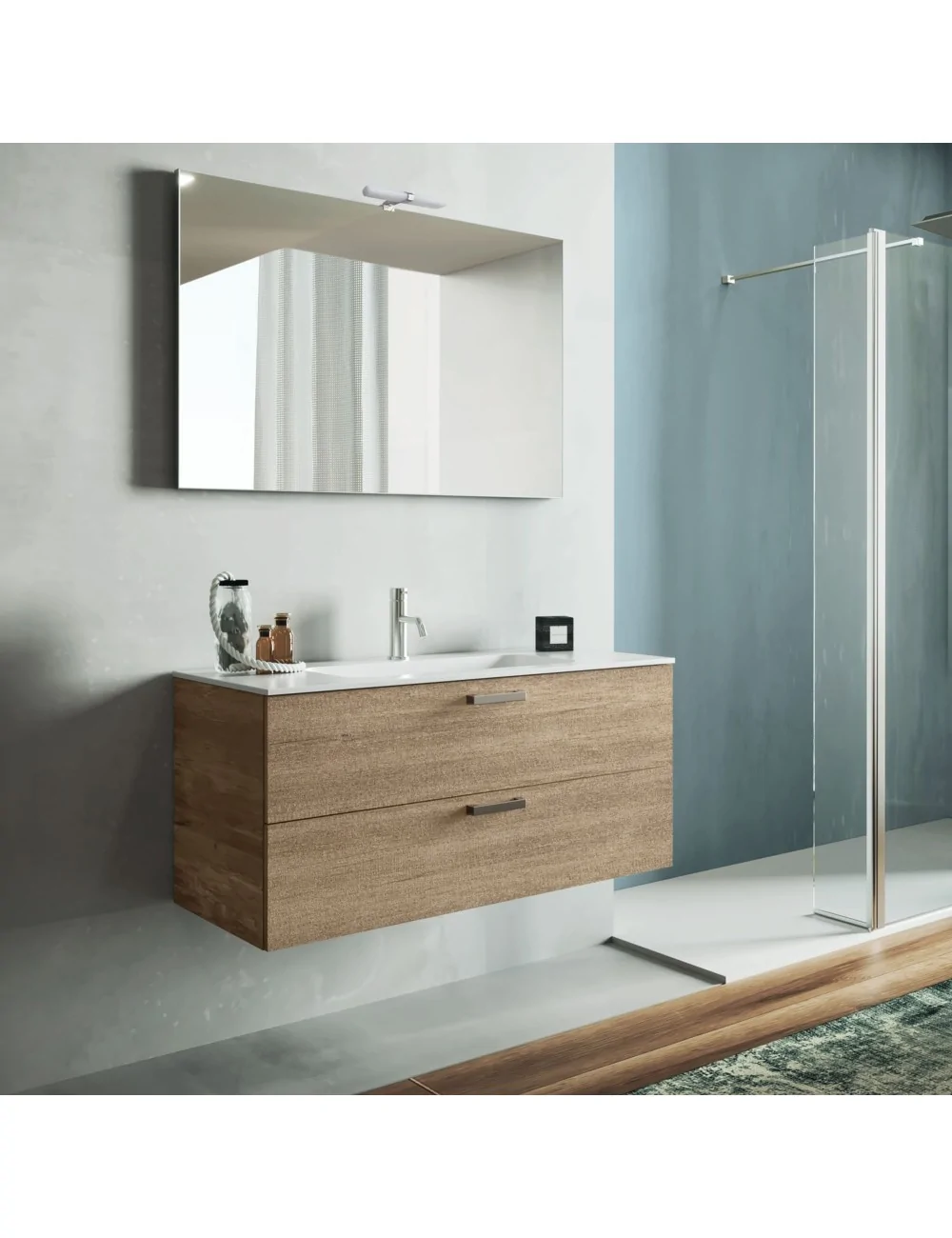 Meuble de salle de bain monobloc effet bois couleur miel de Hafro Geromin