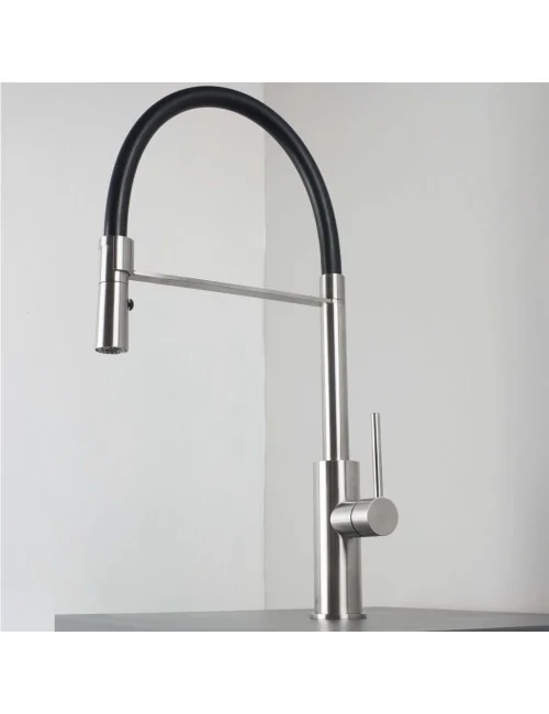 miscelatore cucina serie Dylan in acciaio inox con canna tonda e doccetta