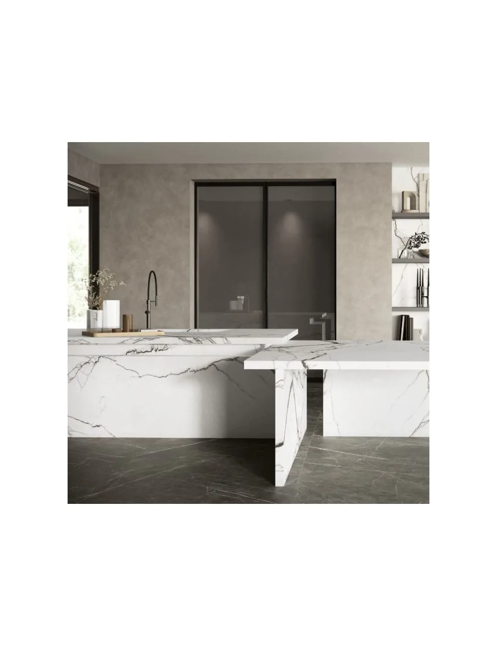 marble breach A large marble-effect stoneware slabs used for kitchen worktops