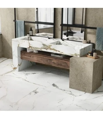 Meuble de salle de bain réalisé avec de grandes dalles Eternal Gold A de Florim