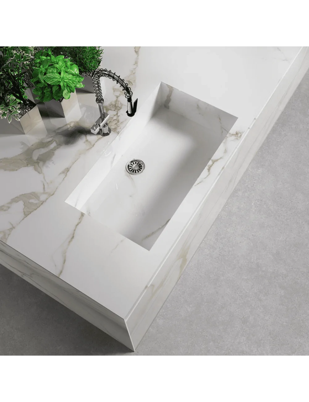 Cave Forte Large polished marble-effect slab used as a kitchen worktop with integrated sink