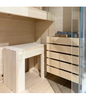 Ethos C sauna interior seat: detail of stool with lava stone