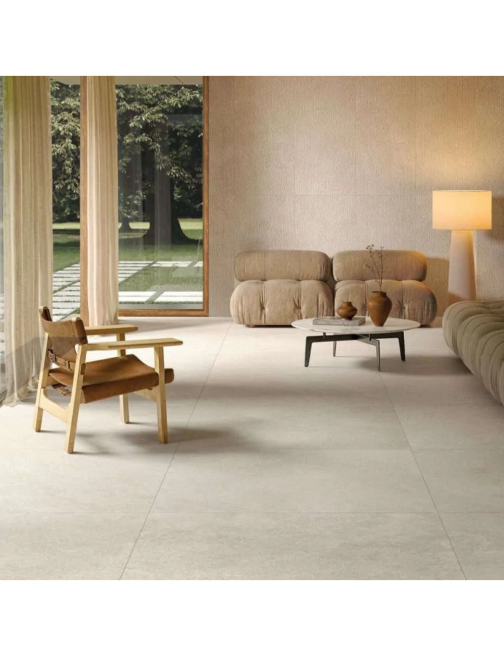 environment with ivory-coloured outdoor flooring, Eterea tile line by Il Cavallino