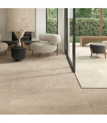 Outdoor flooring with beige stone-effect tiles from the Holystone range
