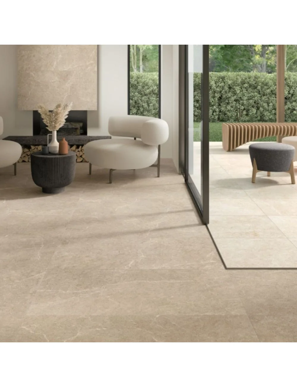 Outdoor flooring with beige stone-effect tiles from the Holystone range