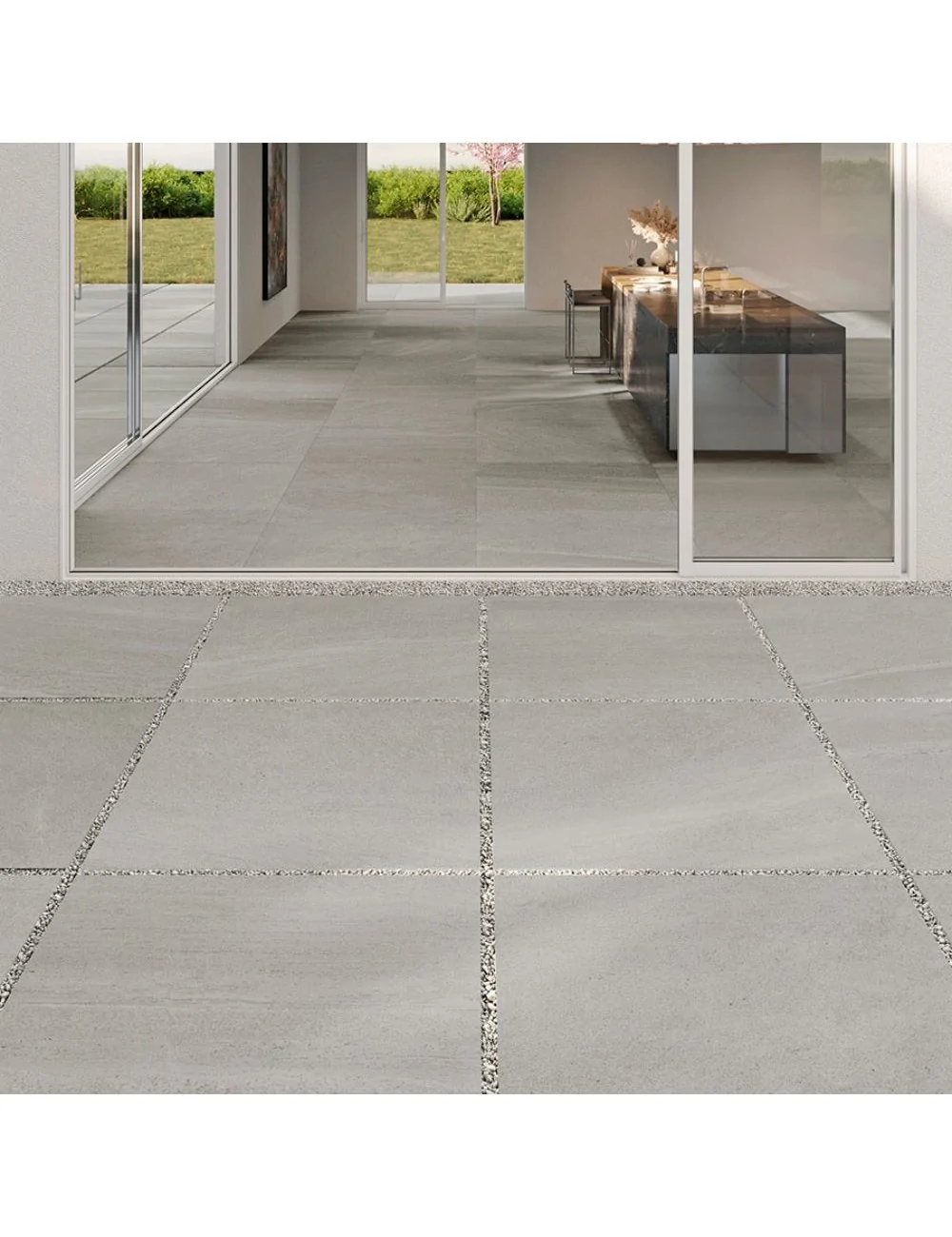 Outdoor flooring with ash-coloured stone-effect tile from the limestone range, Il Cavallino