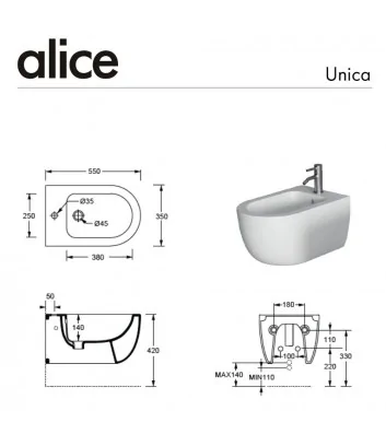 fiche tecnique bidet 55 sospendu ligne Unica de Alice Ceramica