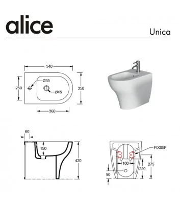 scheda tecnica bidet a terra serie Unica di Alice Ceramica