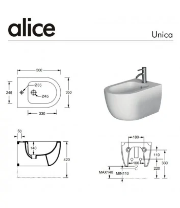 technical data sheet bidet wall-hung Unica series by Alice Ceramica