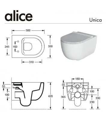 technical data sheet wc wall-hung Unica series by Alice Ceramica