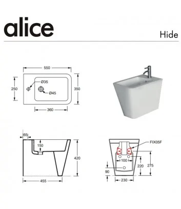 fiche tecnique bidet au sol Hide Square ligne de Alice Ceramica