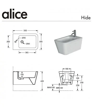 technical data sheet bidet wall-hung Hide Square line by Alice Ceramica