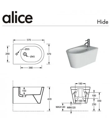 technical data sheet bidet wall-hung Hide Round series by Alice Ceramica