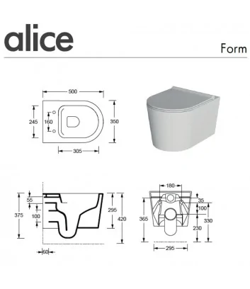 technical data sheet for Form Alice wall-hung toilet