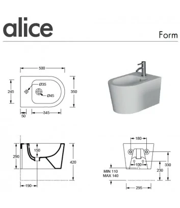 technical data sheet for Form Alice wall-hung bidet