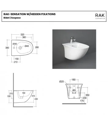 dimensions of Rak Sensation series wall-hung bidet